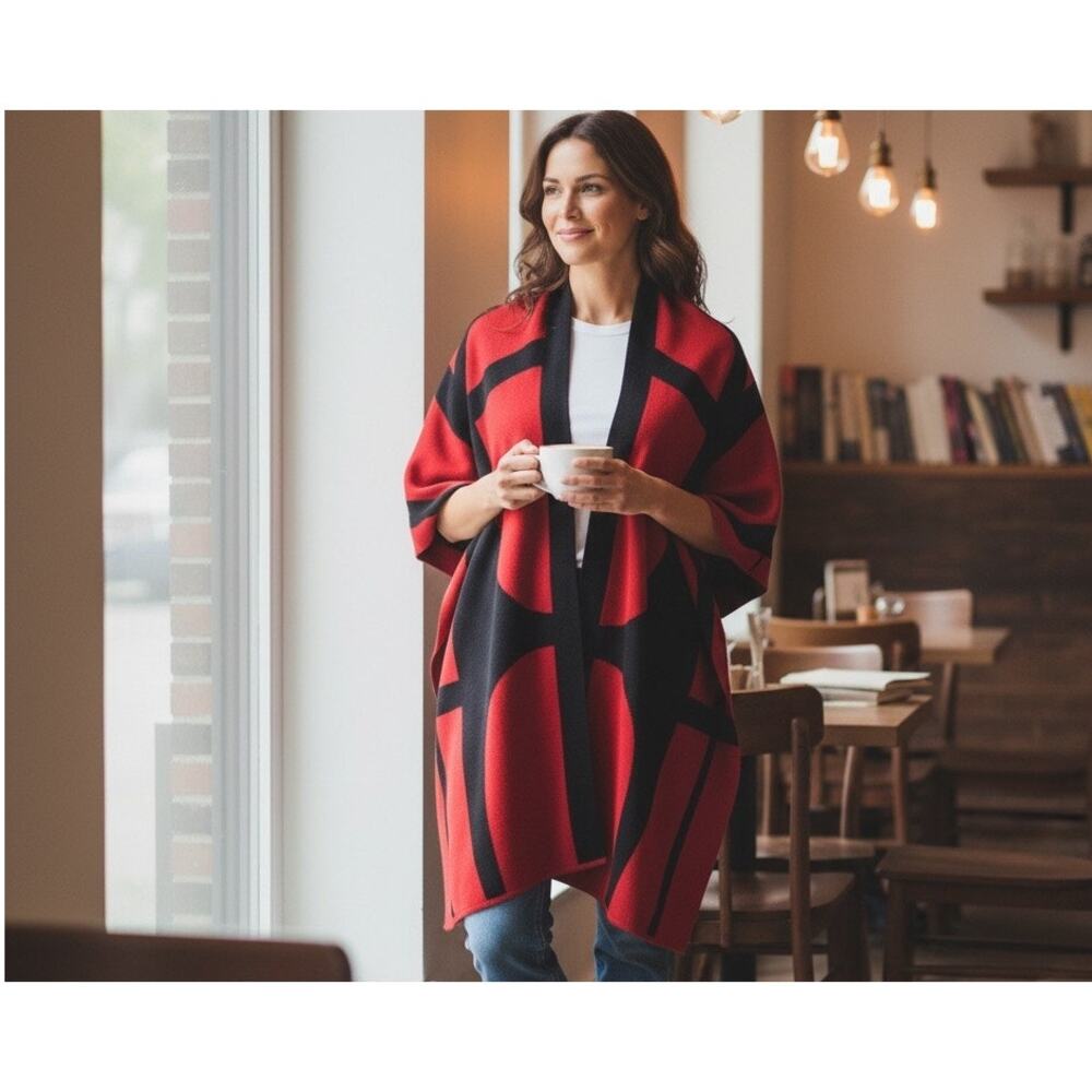 Chico's Cape Shawl Poncho Open Red Black Geometric OSFM 100% Cotton Cottage Boho